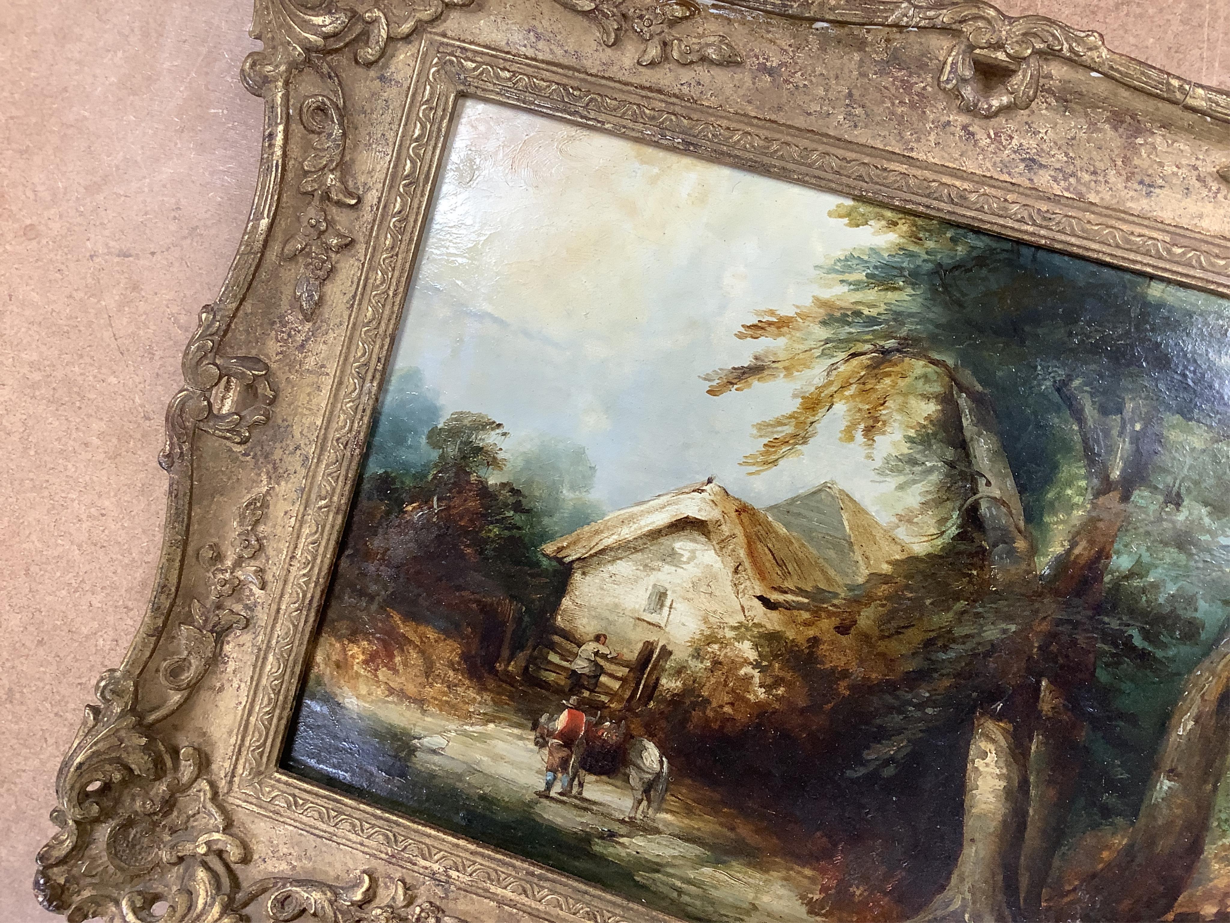 Edwin Hayes (1819-1904), Pastoral landscape with figure and horse before a cottage, signed, indistinctly dated 1844?, 22 x 29cm, applied plaque to the ornate gilt frame, oil on board